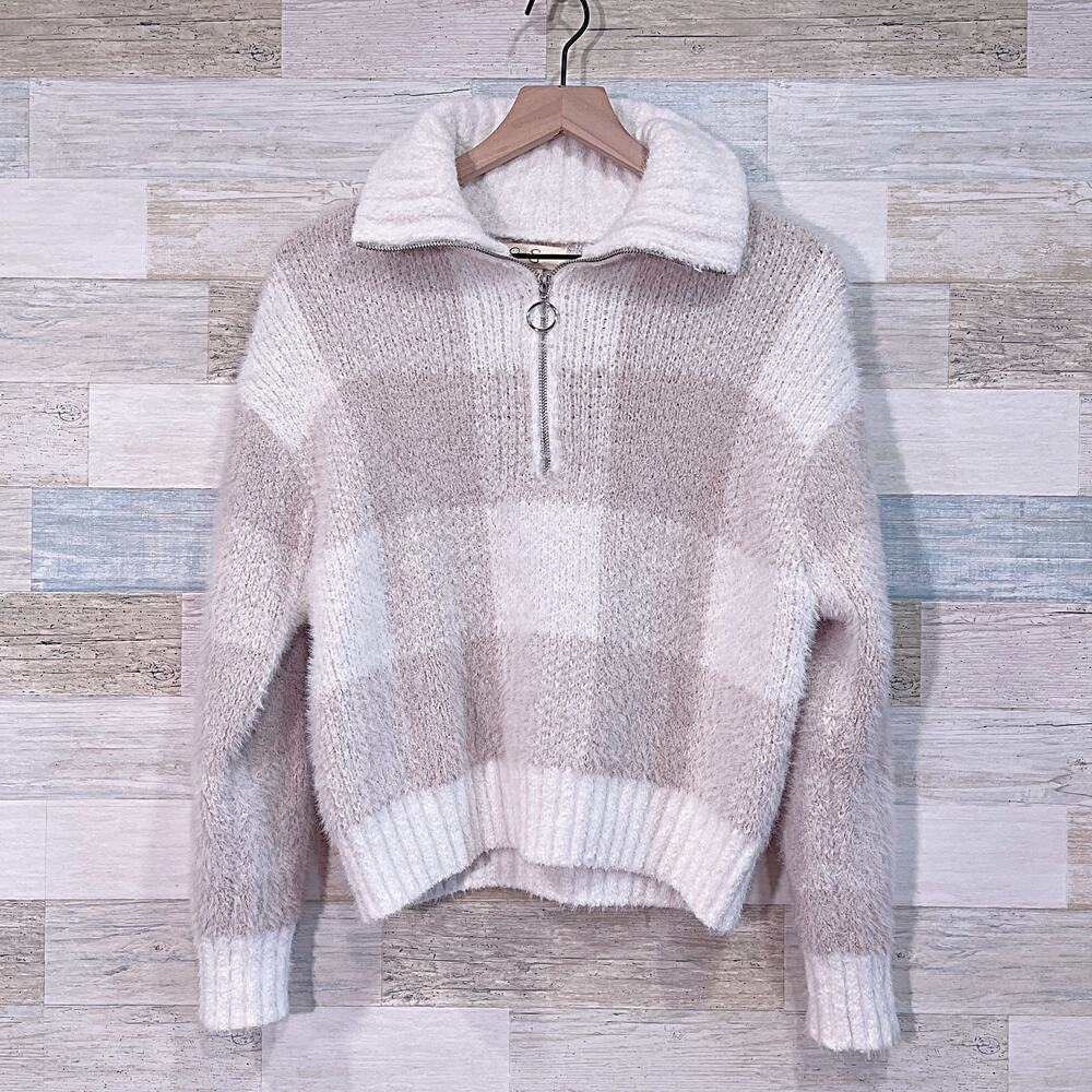 Jessica Simpson Soft Fuzzy 1/4 Zip Sweater Gray White Plaid Womens Small